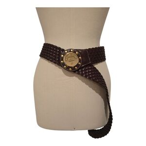 Michael Kors Metallic Woven Braided Brown Leather Circle Gold Medallion XL